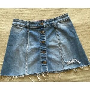 Cello Jeans Junior SzS Denim Mini Skirt Distressed Button Front Pre-Owned